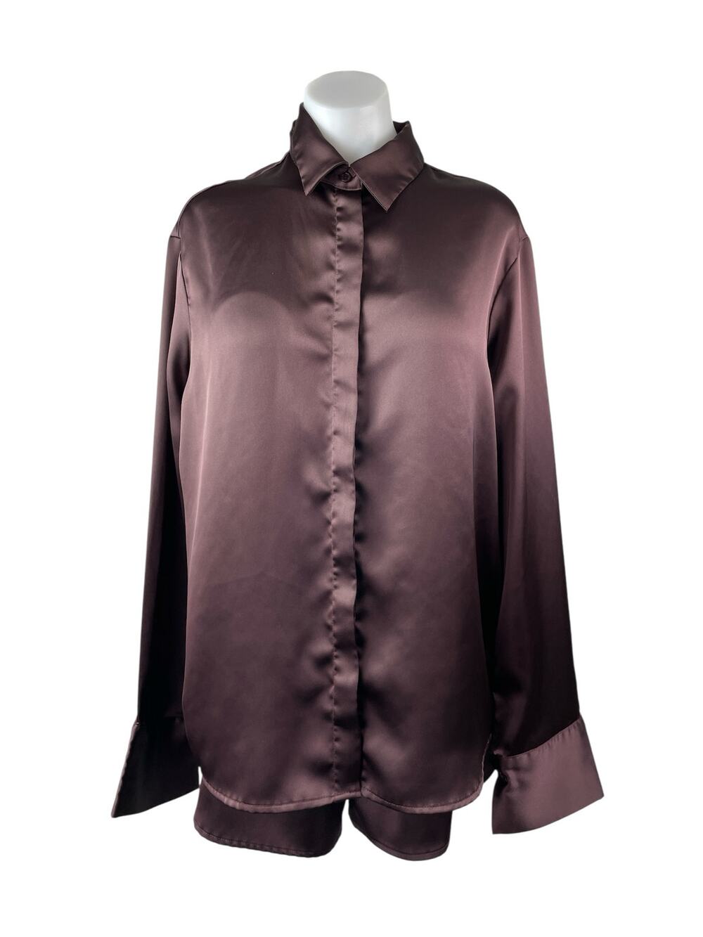 Meshki Women's Black Silk Satin Long Sleeve Button Down Pajama Shorts Set XS/S